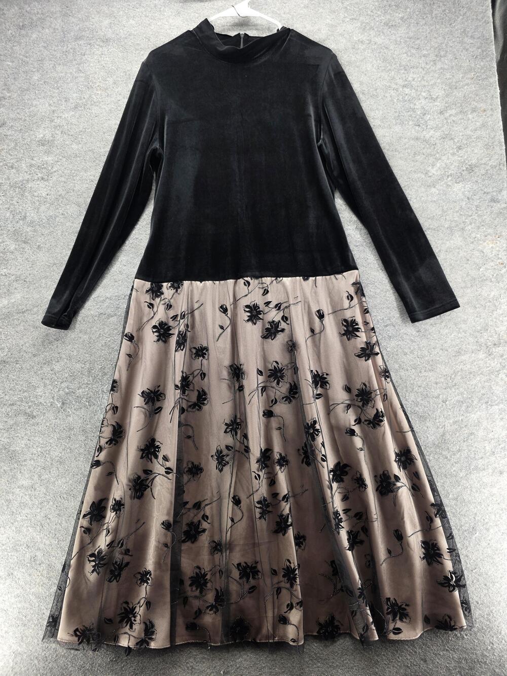 Kstudio Collection Dress Womens 14 Black Maxi Fit & Flare Velvet Long Sleeve